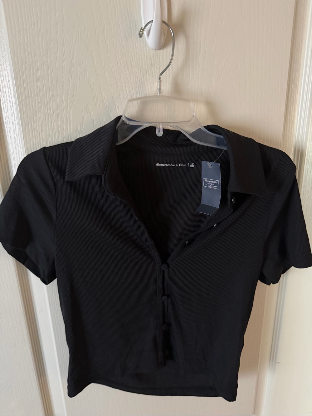 NWT Abercrombie & Fitch Ribbed Button Front Polo Top Black Medium Stretch